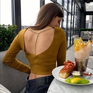 Zara knit top with open back/gold chain detail, size S